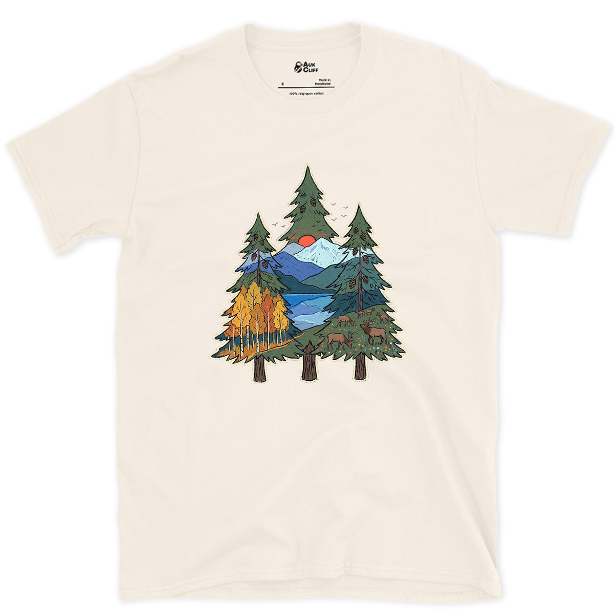 Three Pines Hold the Valley design on a Natural Gildan Softstyle t-shirt