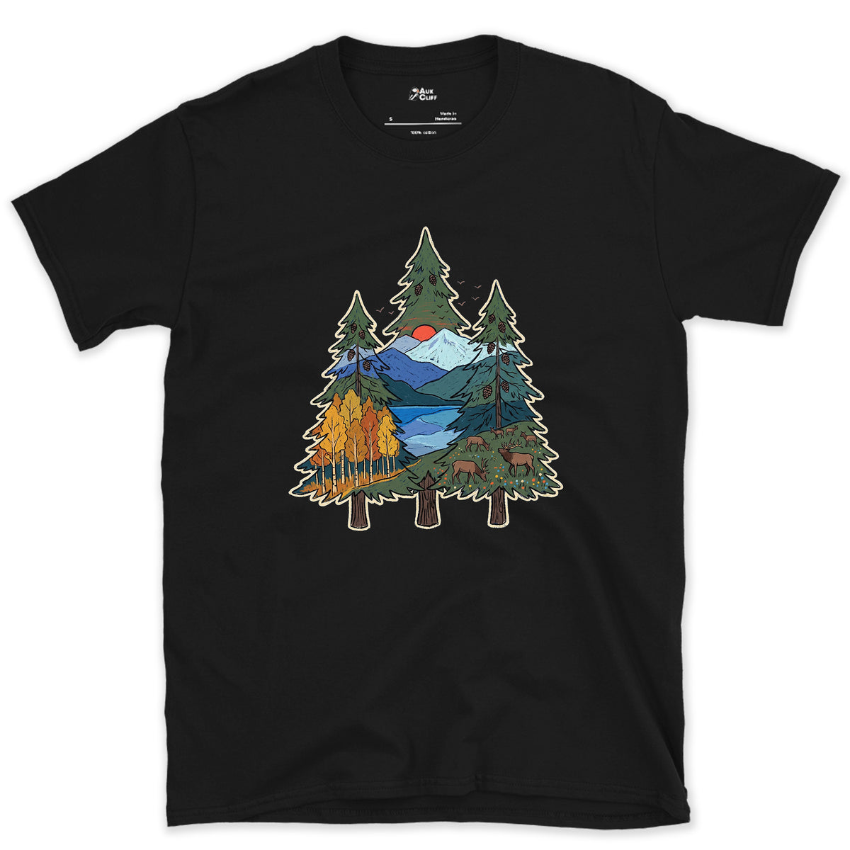 Three Pines Hold the Valley design on a Black Gildan Softstyle t-shirt