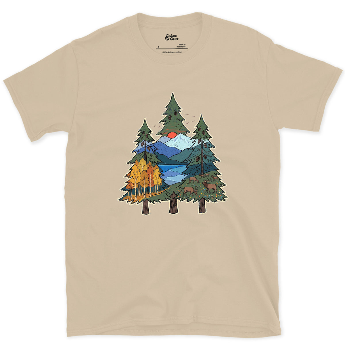 Three Pines Hold the Valley design on a Sand Gildan Softstyle t-shirt