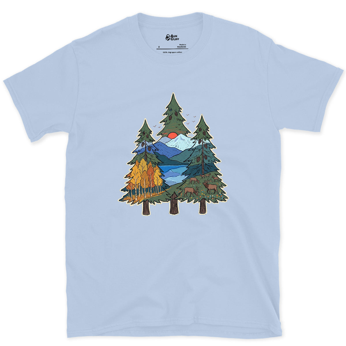 Three Pines Hold the Valley design on a Light Blue Gildan Softstyle t-shirt