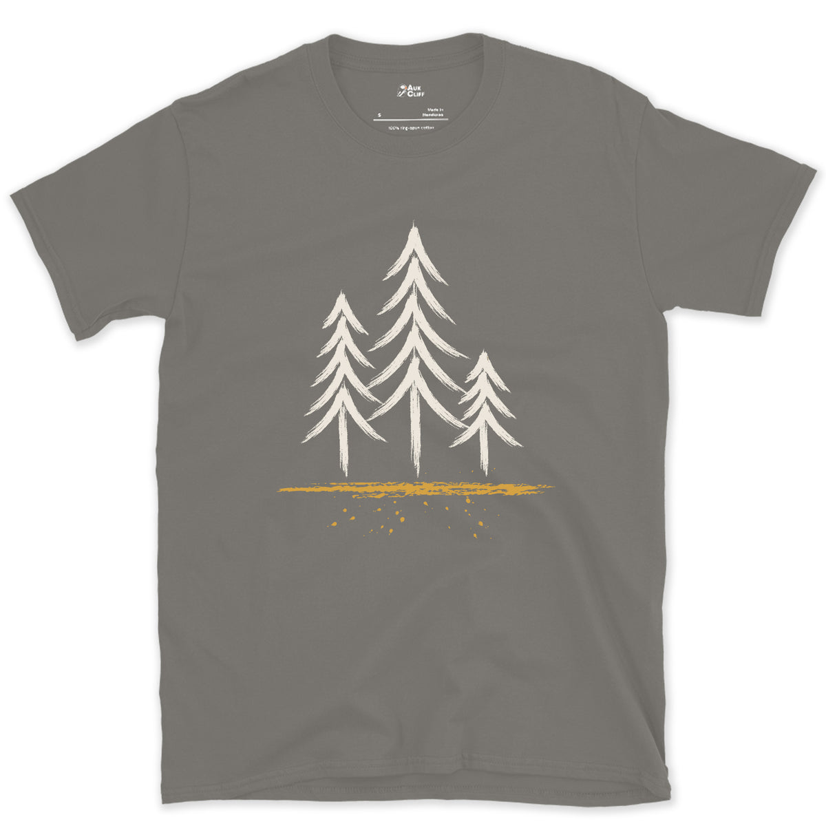 Three Pines, Three Heights design on a Charcoal Gildan Softstyle t-shirt