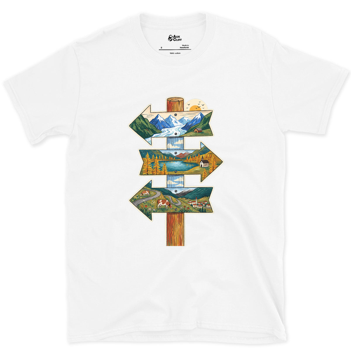 Three Ways Off the Pass, Summit Signpost design on a White Gildan Softstyle t-shirt