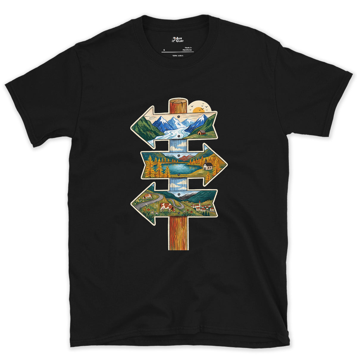 Three Ways Off the Pass, Summit Signpost design on a Black Gildan Softstyle t-shirt