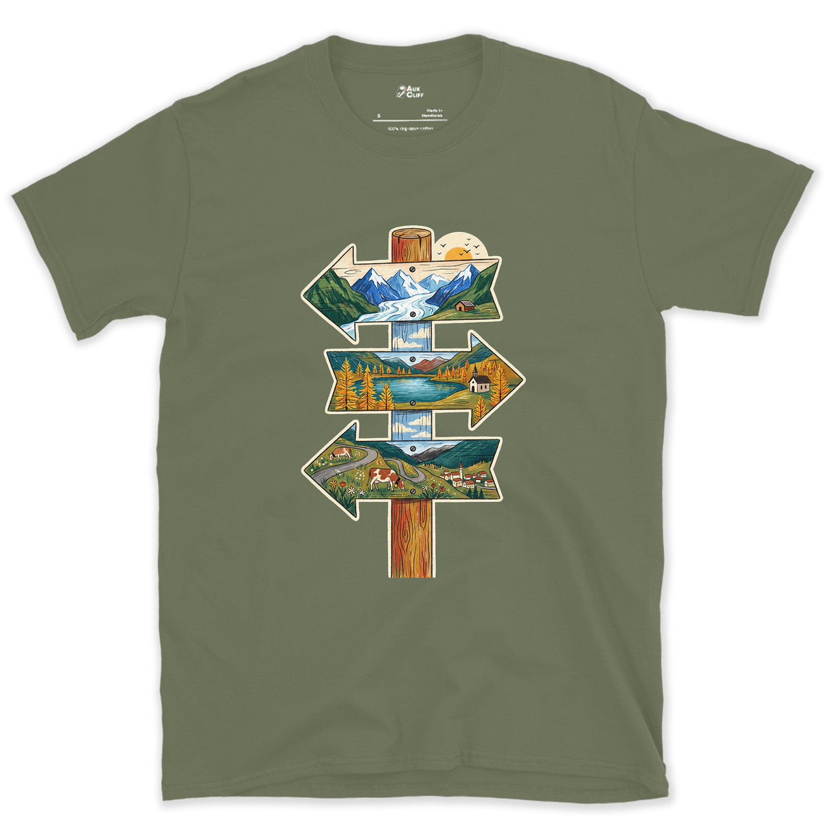 Three Ways Off the Pass, Summit Signpost design on a Military Green Gildan Softstyle t-shirt