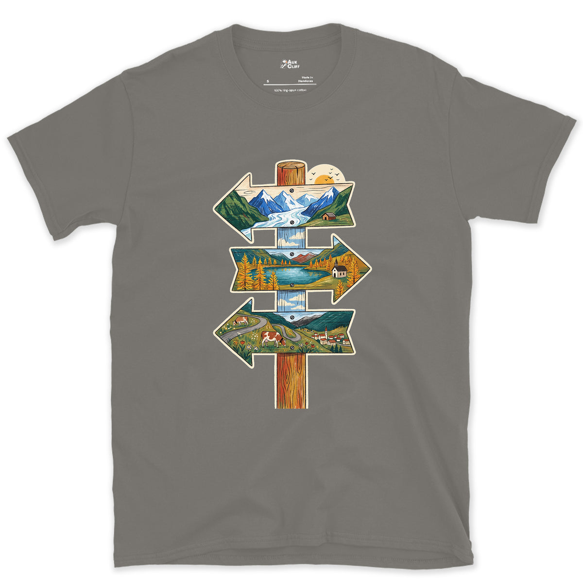Three Ways Off the Pass, Summit Signpost design on a Charcoal Gildan Softstyle t-shirt
