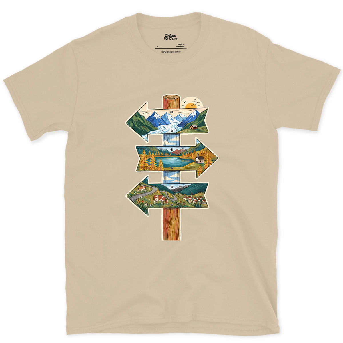 Three Ways Off the Pass, Summit Signpost design on a Sand Gildan Softstyle t-shirt