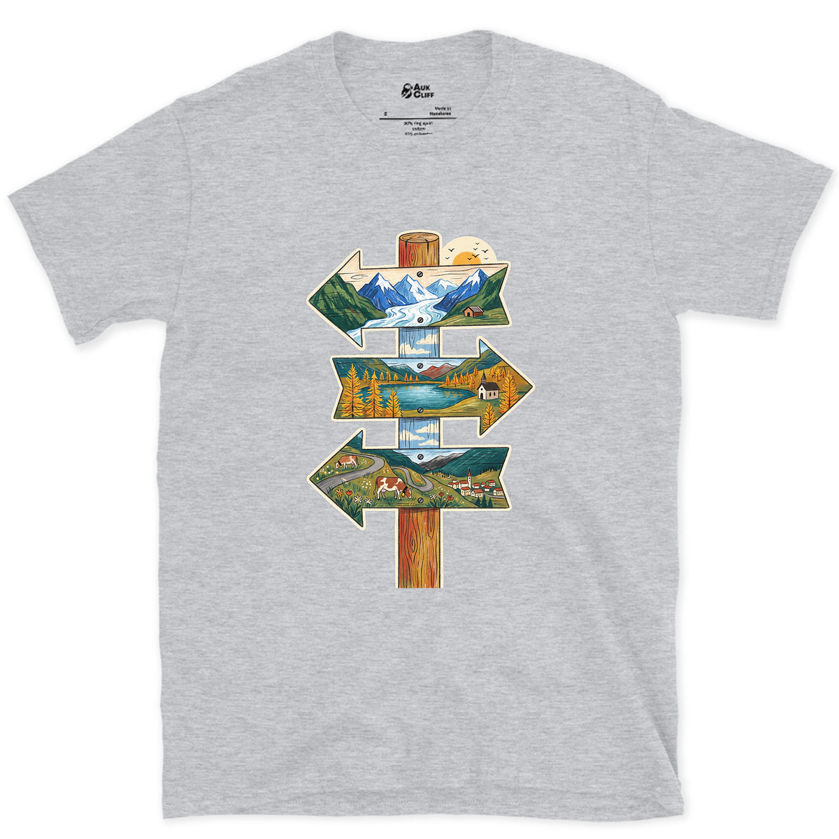 Three Ways Off the Pass, Summit Signpost design on a Sport Grey Gildan Softstyle t-shirt