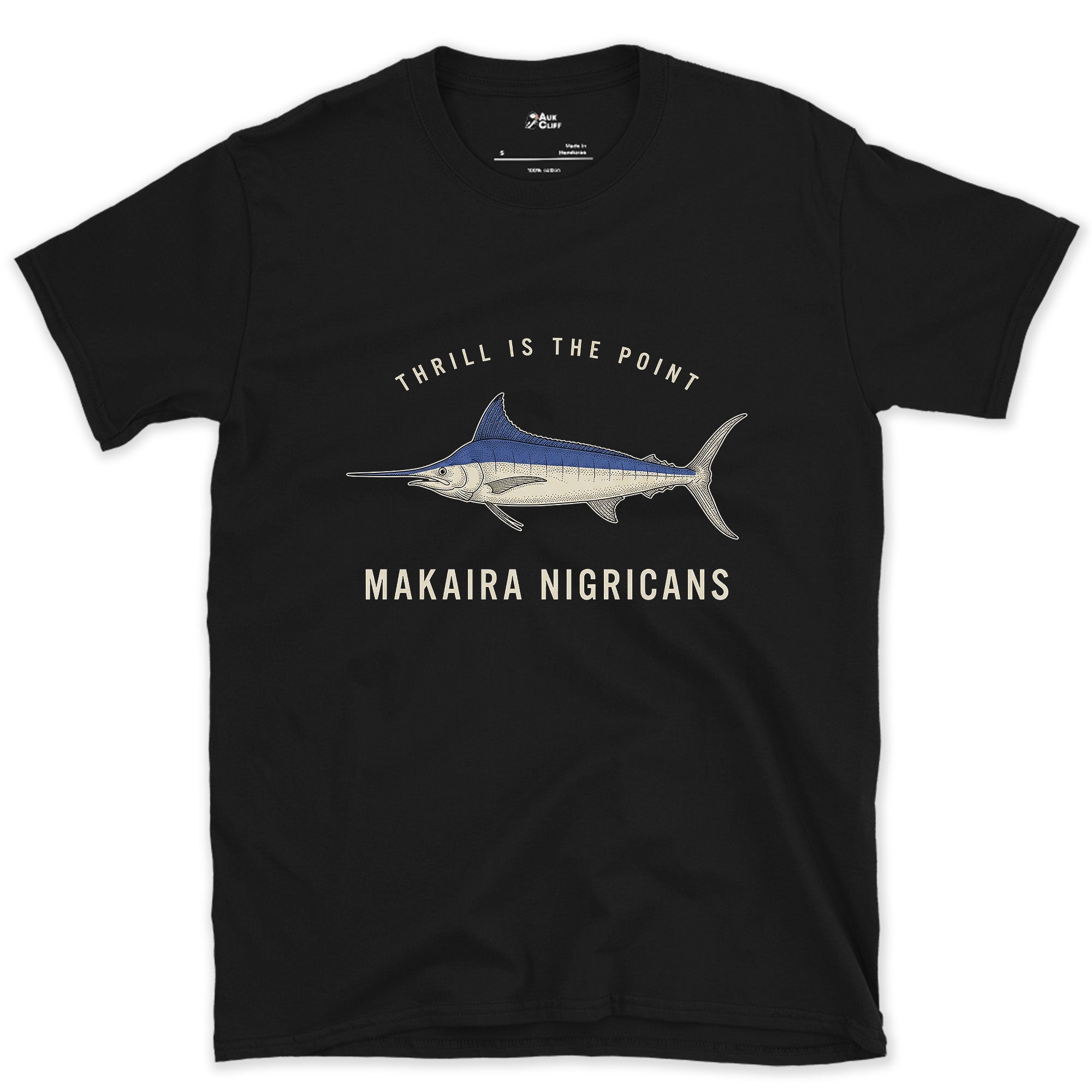 Thrill Is the Point, Blue Marlin design on a Black Gildan Softstyle t-shirt