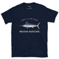 Thrill Is the Point, Blue Marlin design on a Navy Gildan Softstyle t-shirt