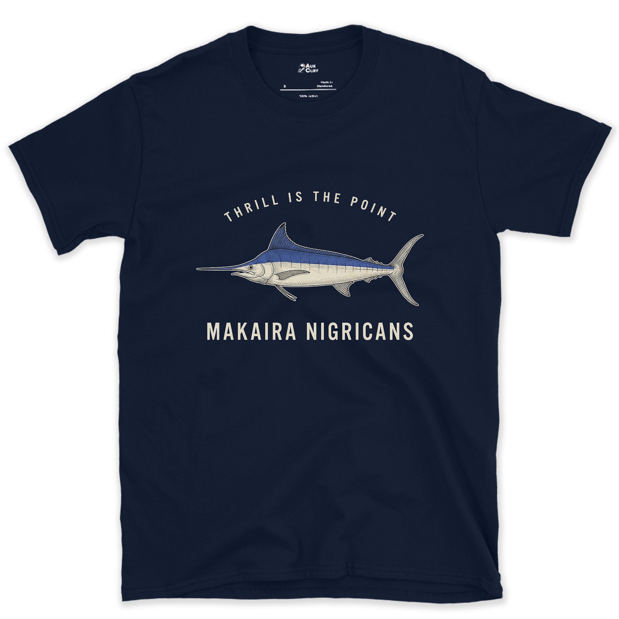 Thrill Is the Point, Blue Marlin design on a Navy Gildan Softstyle t-shirt