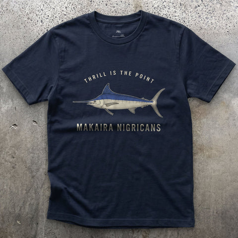 Thrill Is the Point, Blue Marlin design on a Navy Gildan Softstyle t-shirt