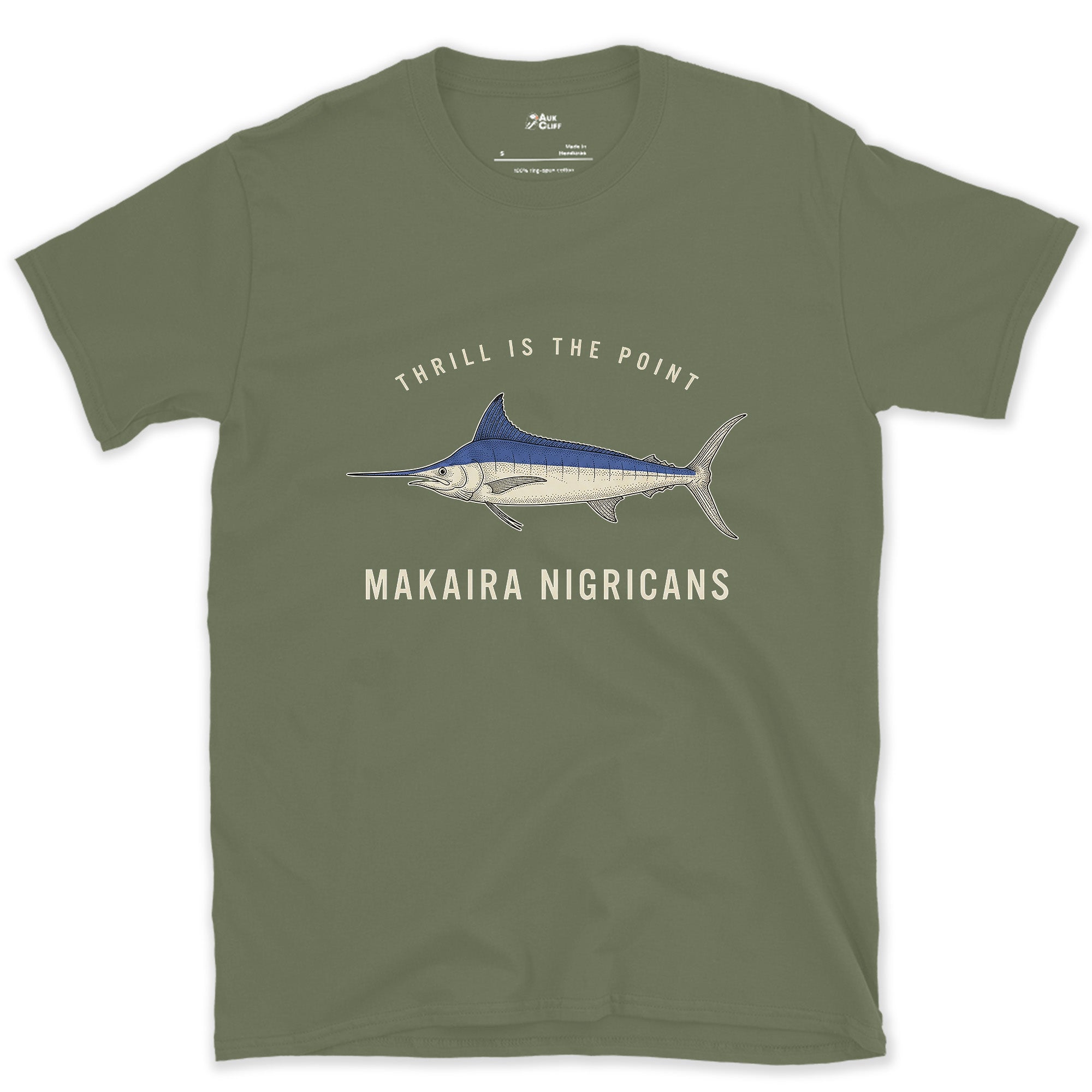 Thrill Is the Point, Blue Marlin design on a Military Green Gildan Softstyle t-shirt