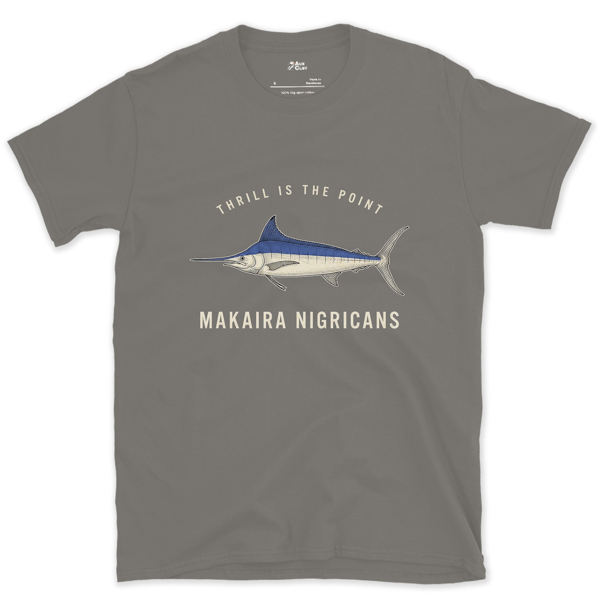 Thrill Is the Point, Blue Marlin design on a Charcoal Gildan Softstyle t-shirt