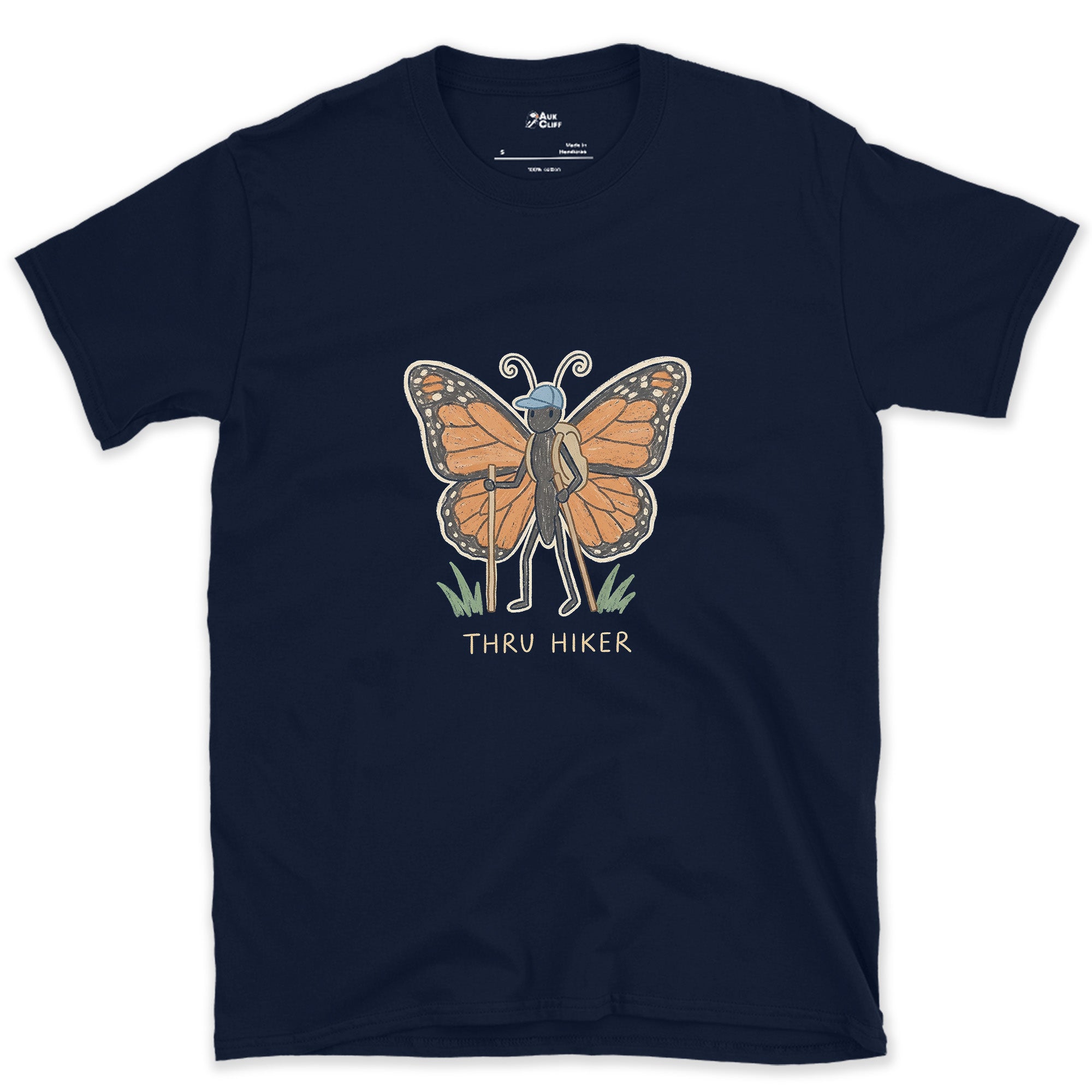 Thru Hiker, Monarch Butterfly design on a Navy Gildan Softstyle t-shirt
