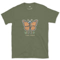 Thru Hiker, Monarch Butterfly design on a Military Green Gildan Softstyle t-shirt