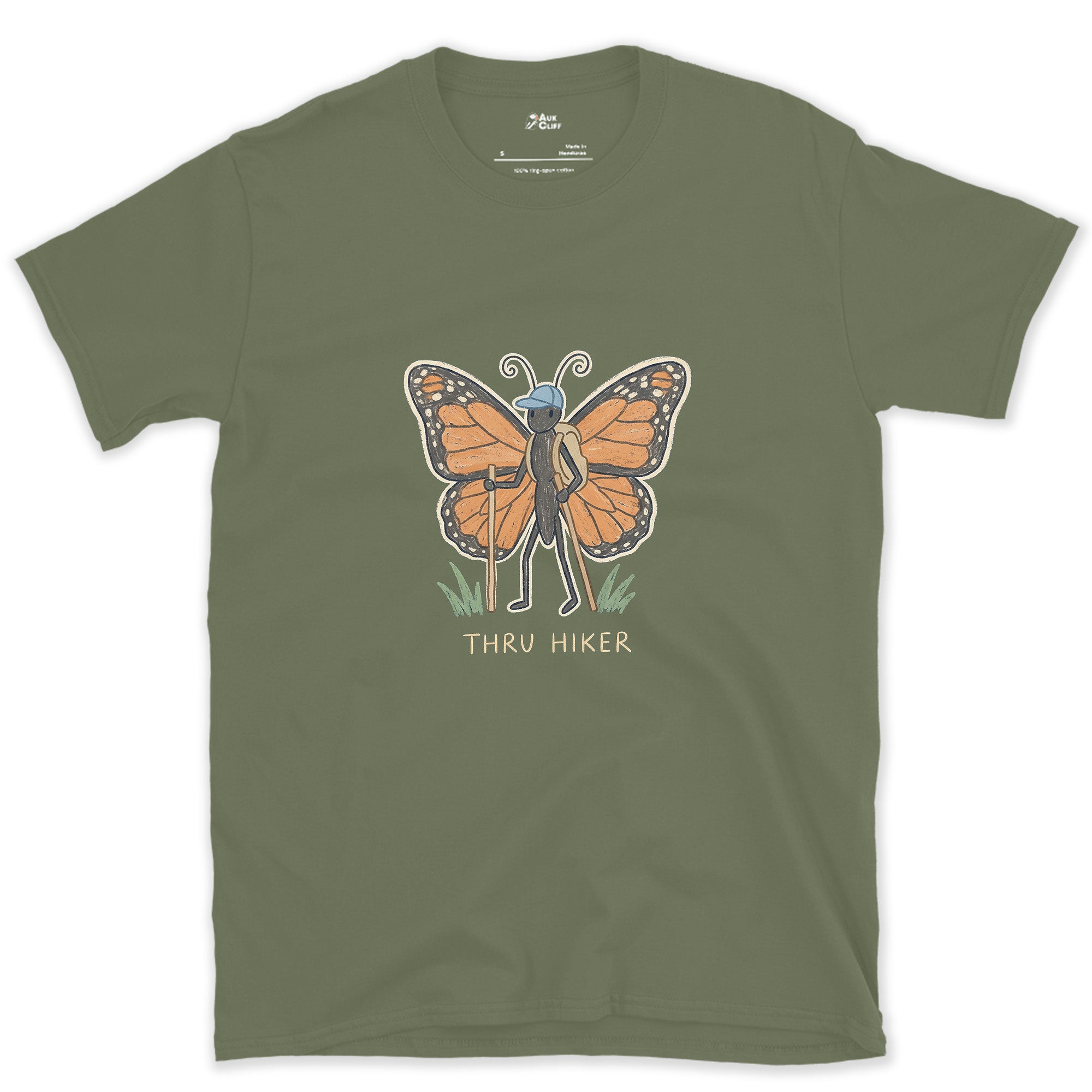 Thru Hiker, Monarch Butterfly design on a Military Green Gildan Softstyle t-shirt