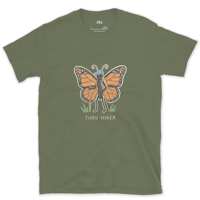 Thru Hiker, Monarch Butterfly design on a Military Green Gildan Softstyle t-shirt