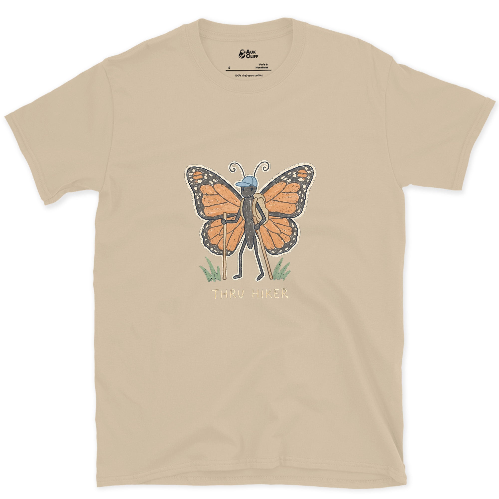 Thru Hiker, Monarch Butterfly design on a Sand Gildan Softstyle t-shirt