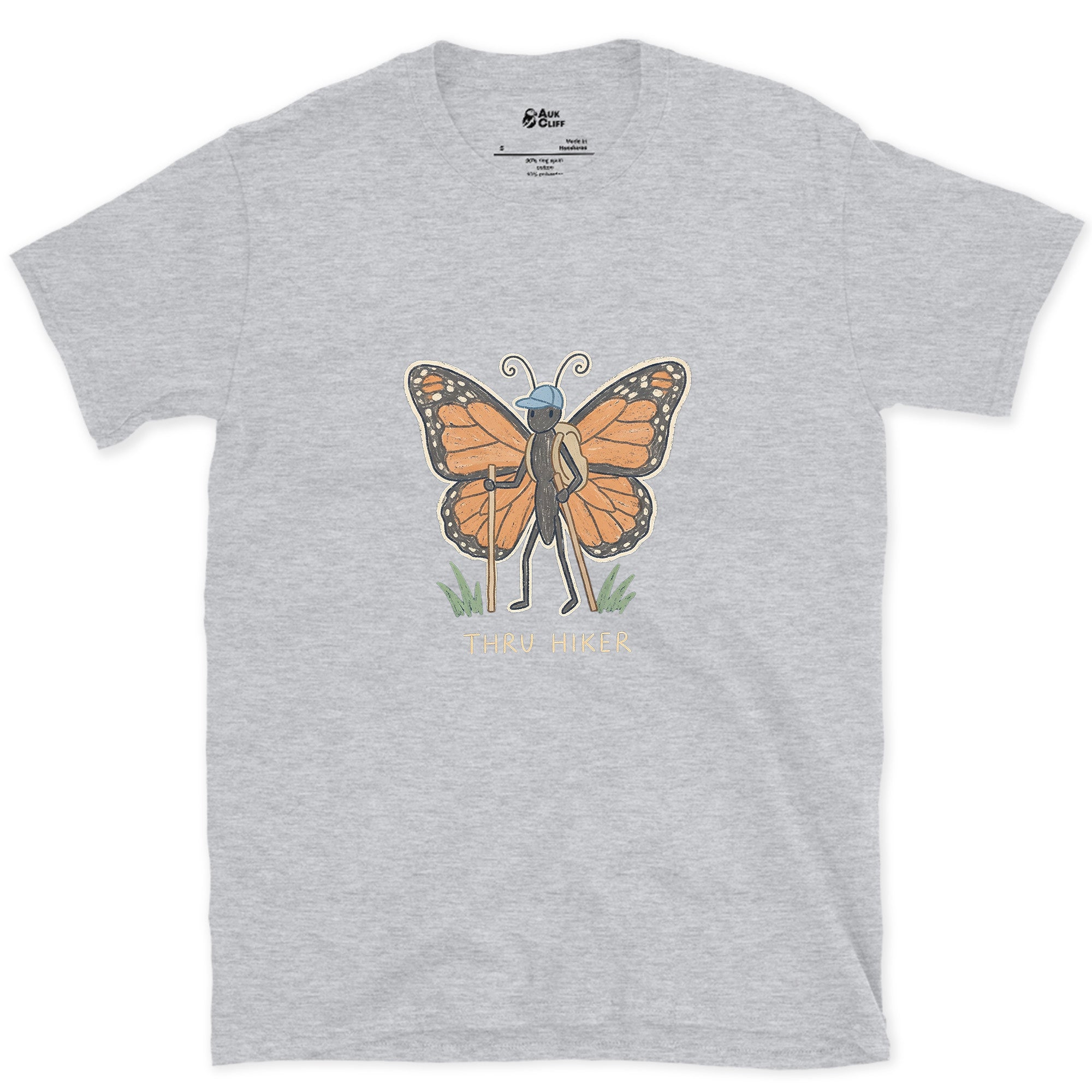 Thru Hiker, Monarch Butterfly design on a Sport Grey Gildan Softstyle t-shirt
