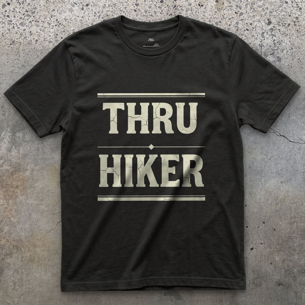 Thru Hiker, One Trail Start to Finish design on a Black Gildan Softstyle t-shirt