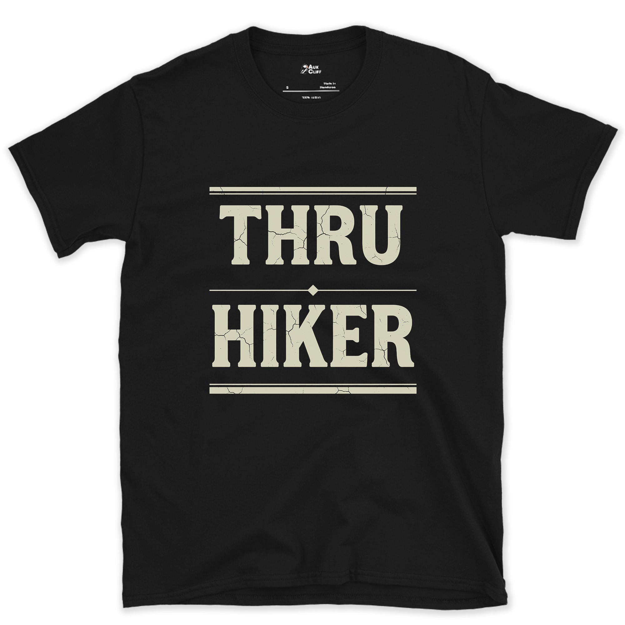 Thru Hiker, One Trail Start to Finish design on a Black Gildan Softstyle t-shirt