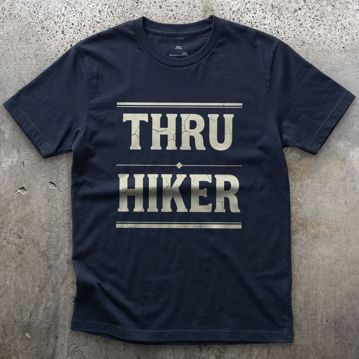 Thru Hiker, One Trail Start to Finish design on a Navy Gildan Softstyle t-shirt