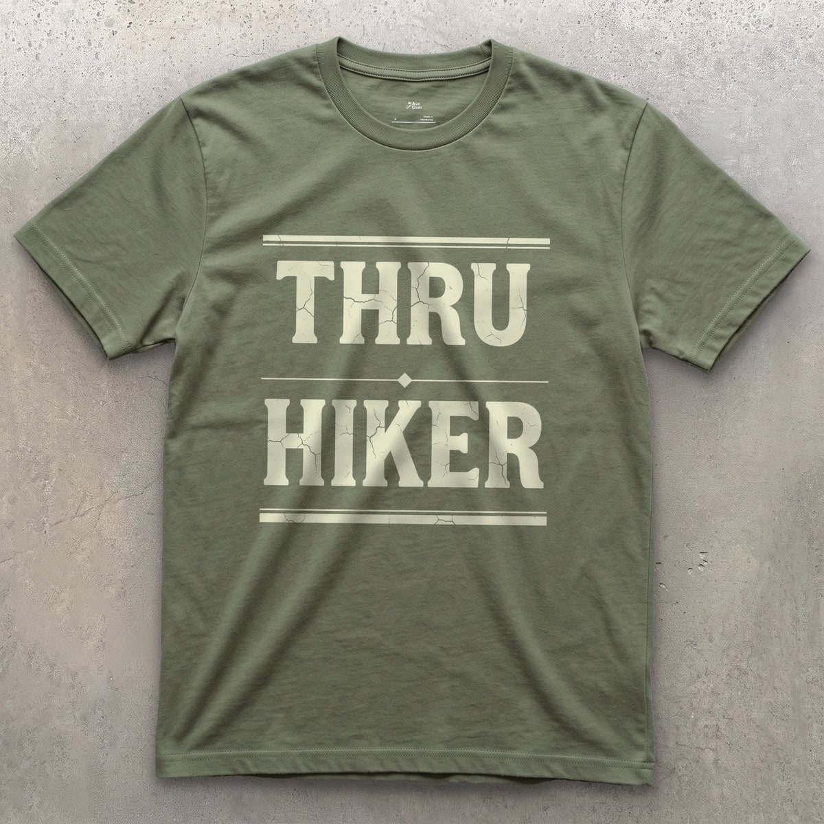 Thru Hiker, One Trail Start to Finish design on a Military Green Gildan Softstyle t-shirt