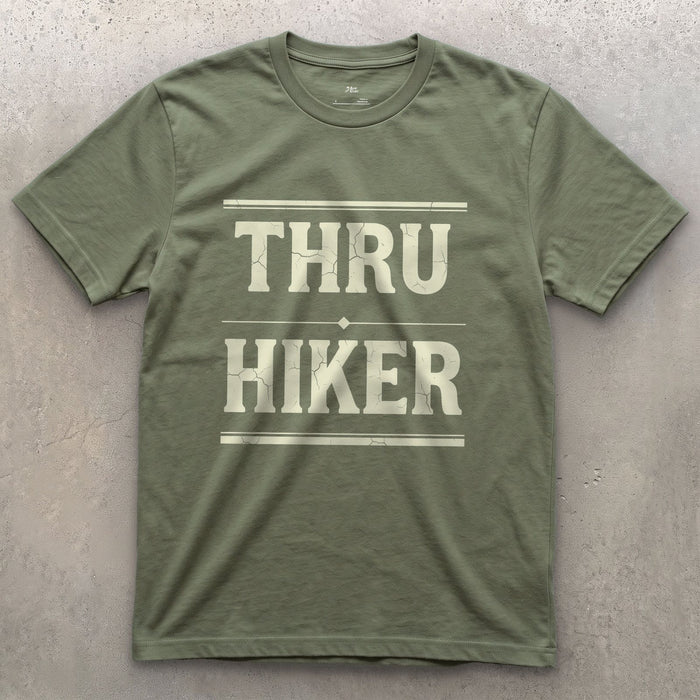 Thru Hiker, One Trail Start to Finish design on a Military Green Gildan Softstyle t-shirt