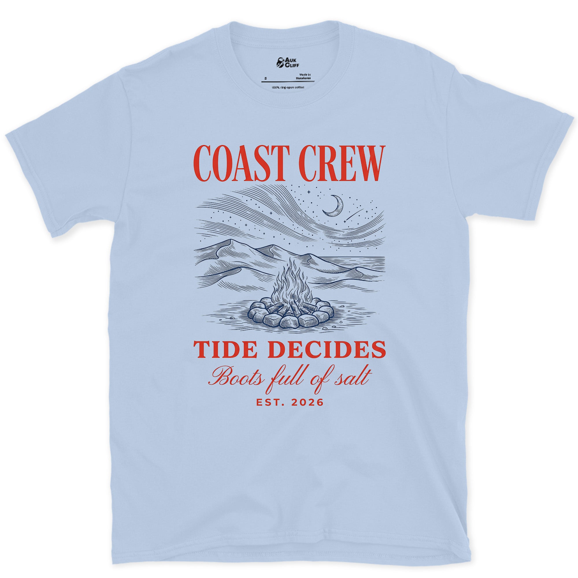 Tide Decides, Boots Full of Salt design on a Light Blue Gildan Softstyle t-shirt