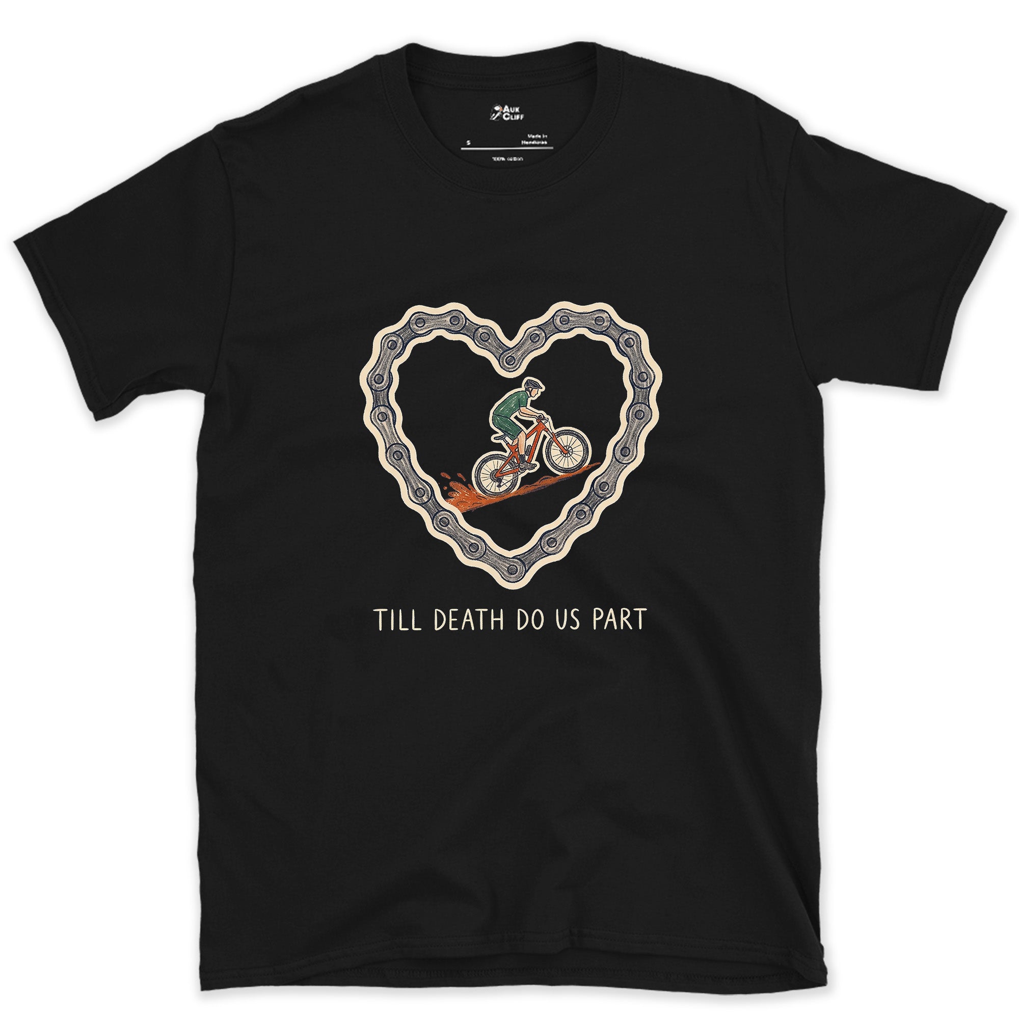 Till Death Do Us Part, Chain Heart and Rider design on a Black Gildan Softstyle t-shirt
