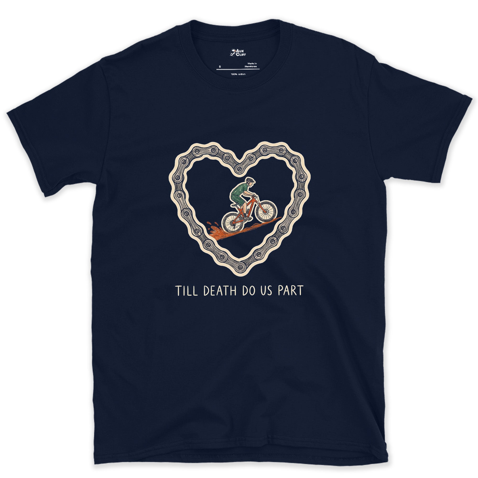 Till Death Do Us Part, Chain Heart and Rider design on a Navy Gildan Softstyle t-shirt
