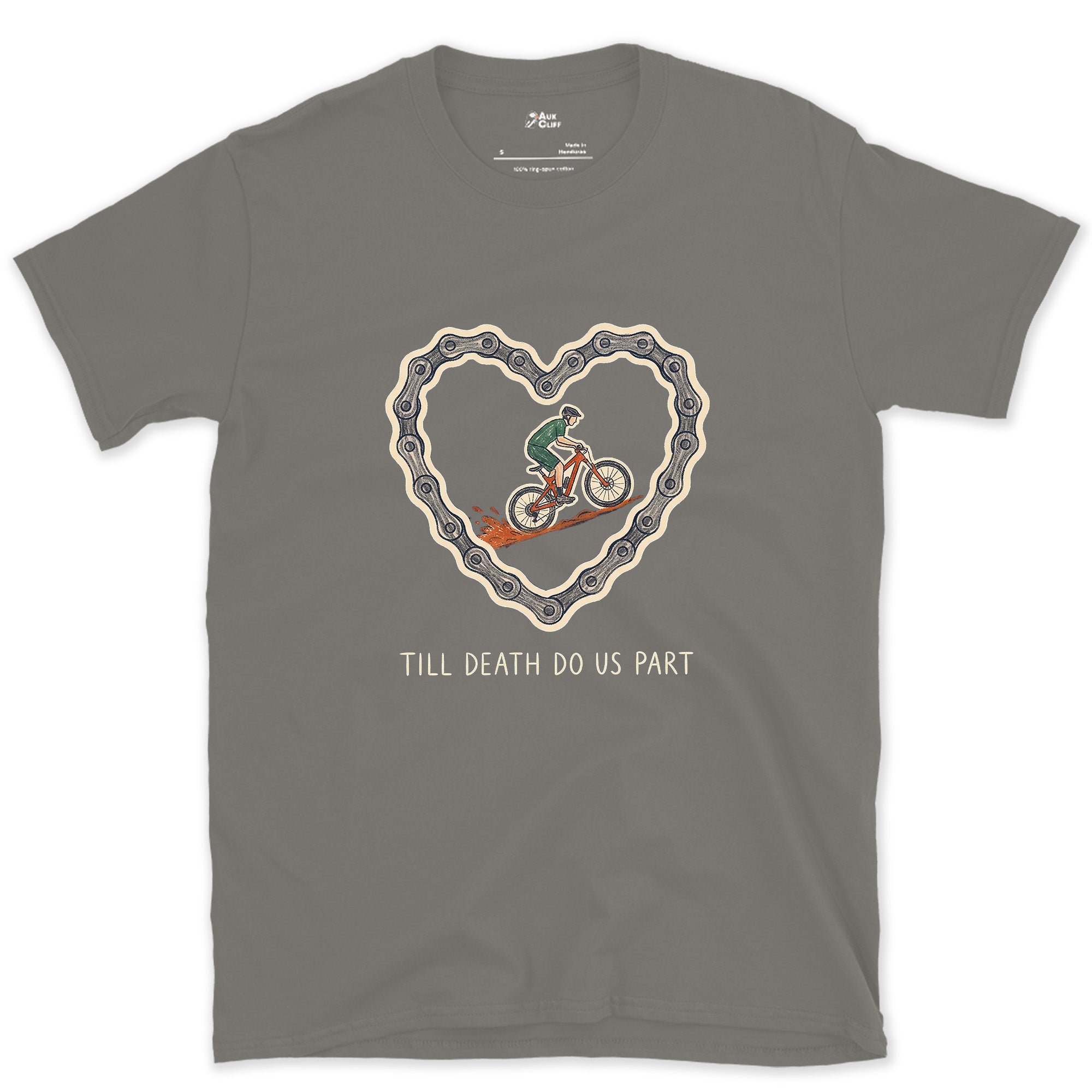 Till Death Do Us Part, Chain Heart and Rider design on a Charcoal Gildan Softstyle t-shirt