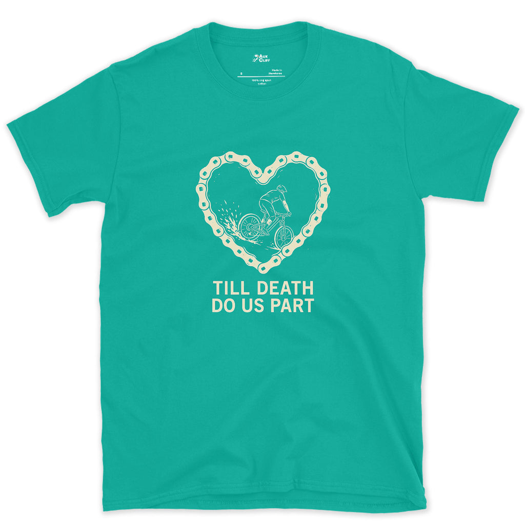 Till Death Do Us Part, Bold Rider in a Chain Heart design on a Jade Dome Gildan Softstyle t-shirt