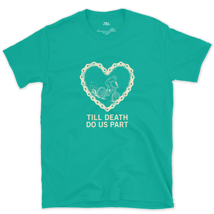 Till Death Do Us Part, Bold Rider in a Chain Heart design on a Jade Dome Gildan Softstyle t-shirt