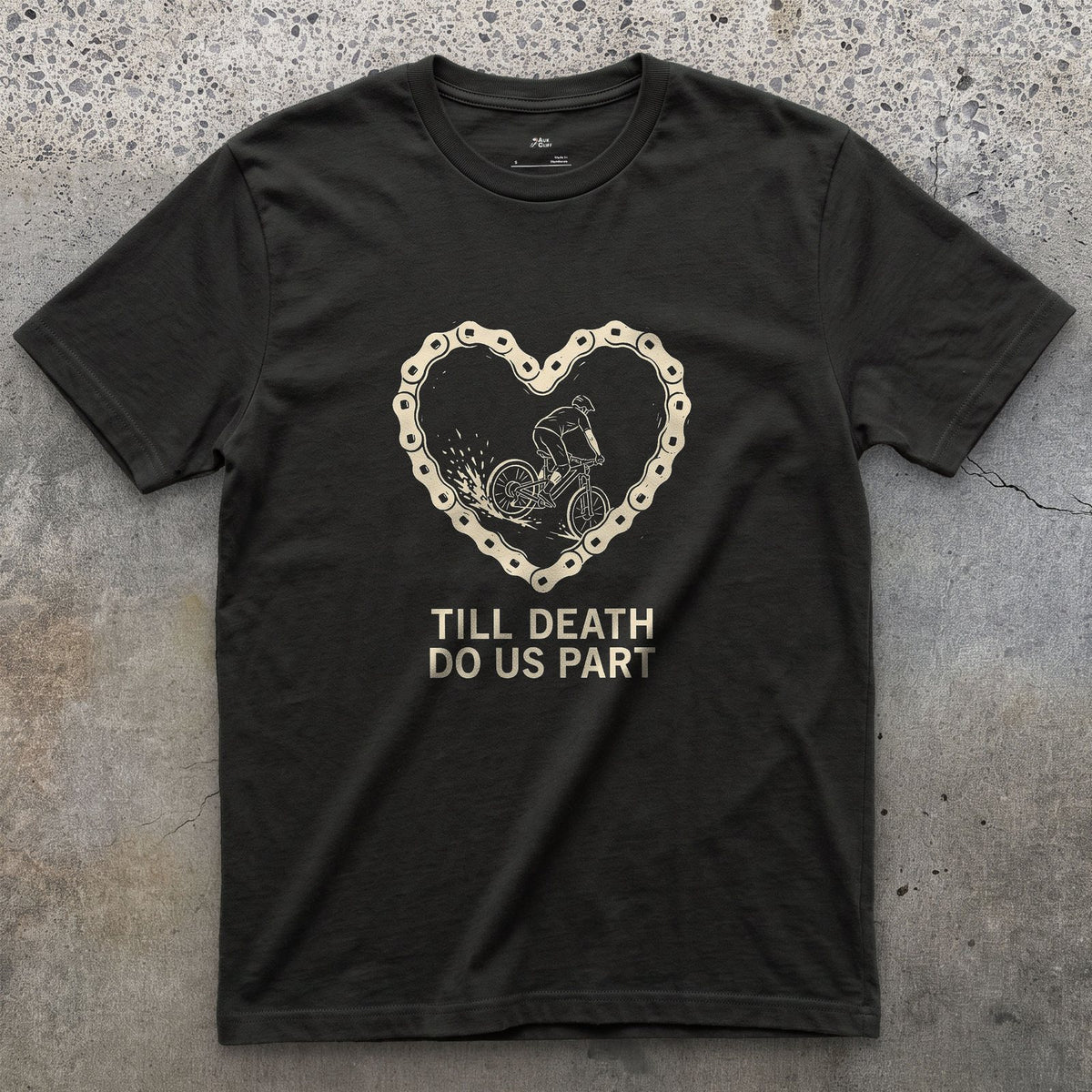 Till Death Do Us Part, Bold Rider in a Chain Heart design on a Black Gildan Softstyle t-shirt