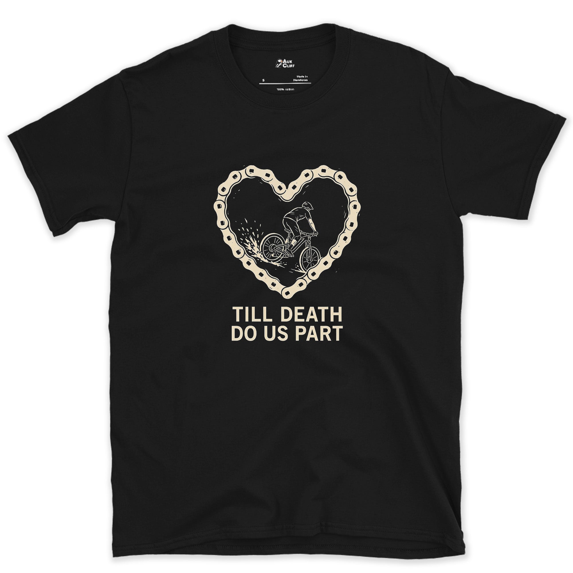 Till Death Do Us Part, Bold Rider in a Chain Heart design on a Black Gildan Softstyle t-shirt