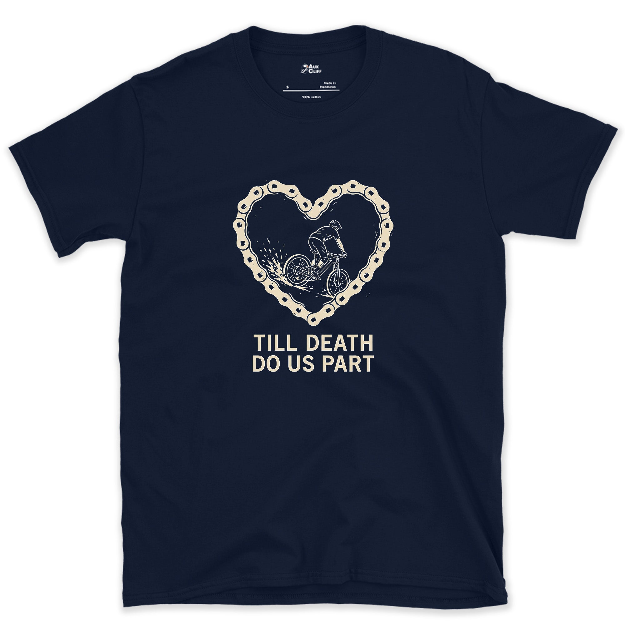 Till Death Do Us Part, Bold Rider in a Chain Heart design on a Navy Gildan Softstyle t-shirt