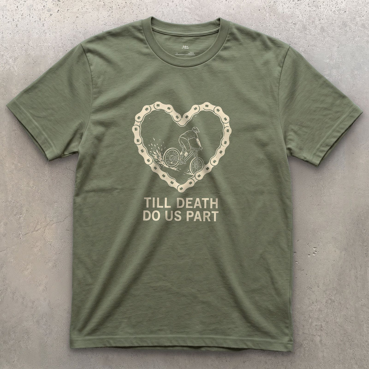 Till Death Do Us Part, Bold Rider in a Chain Heart design on a Military Green Gildan Softstyle t-shirt