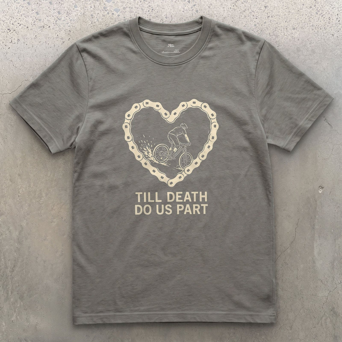 Till Death Do Us Part, Bold Rider in a Chain Heart design on a Charcoal Gildan Softstyle t-shirt
