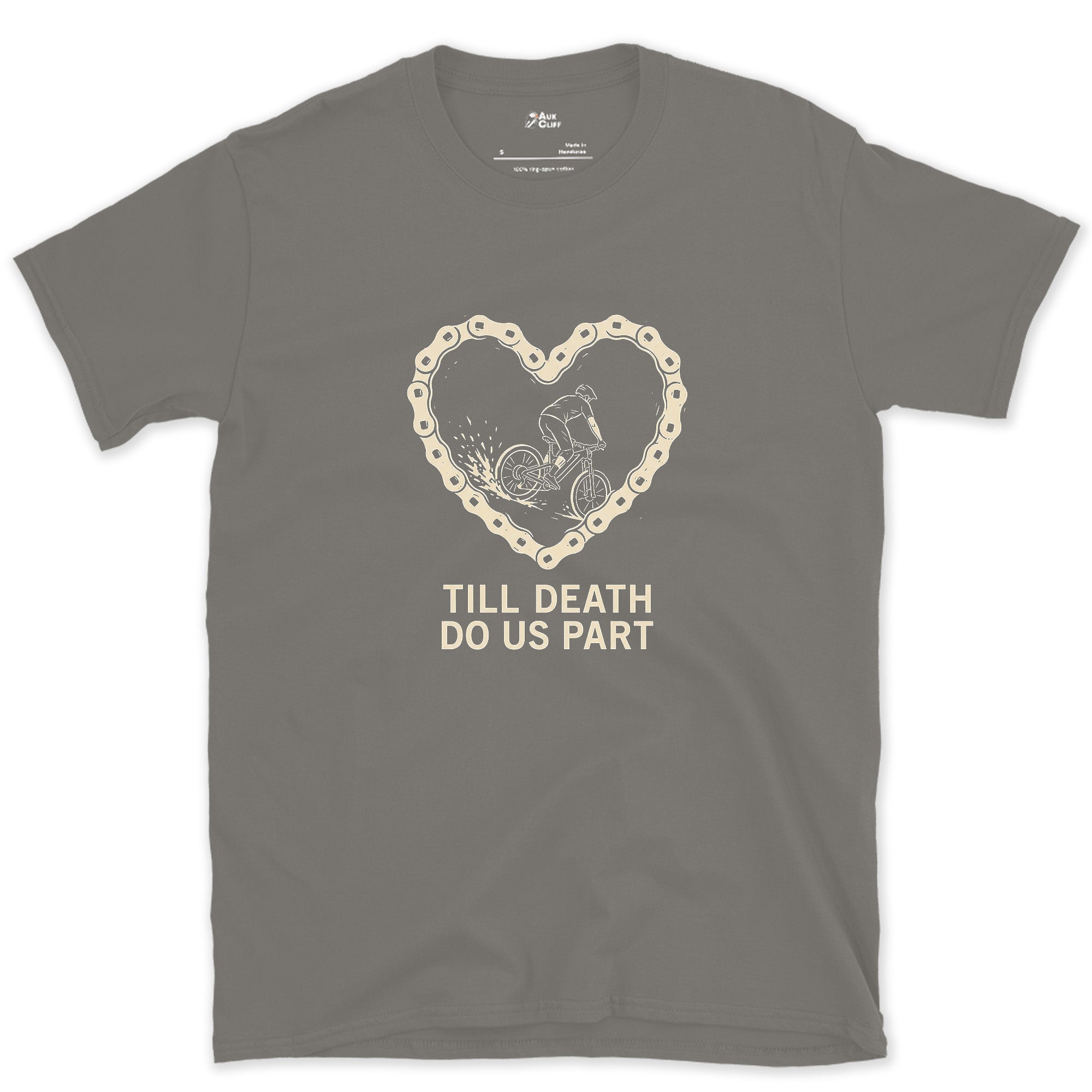 Till Death Do Us Part, Bold Rider in a Chain Heart design on a Charcoal Gildan Softstyle t-shirt