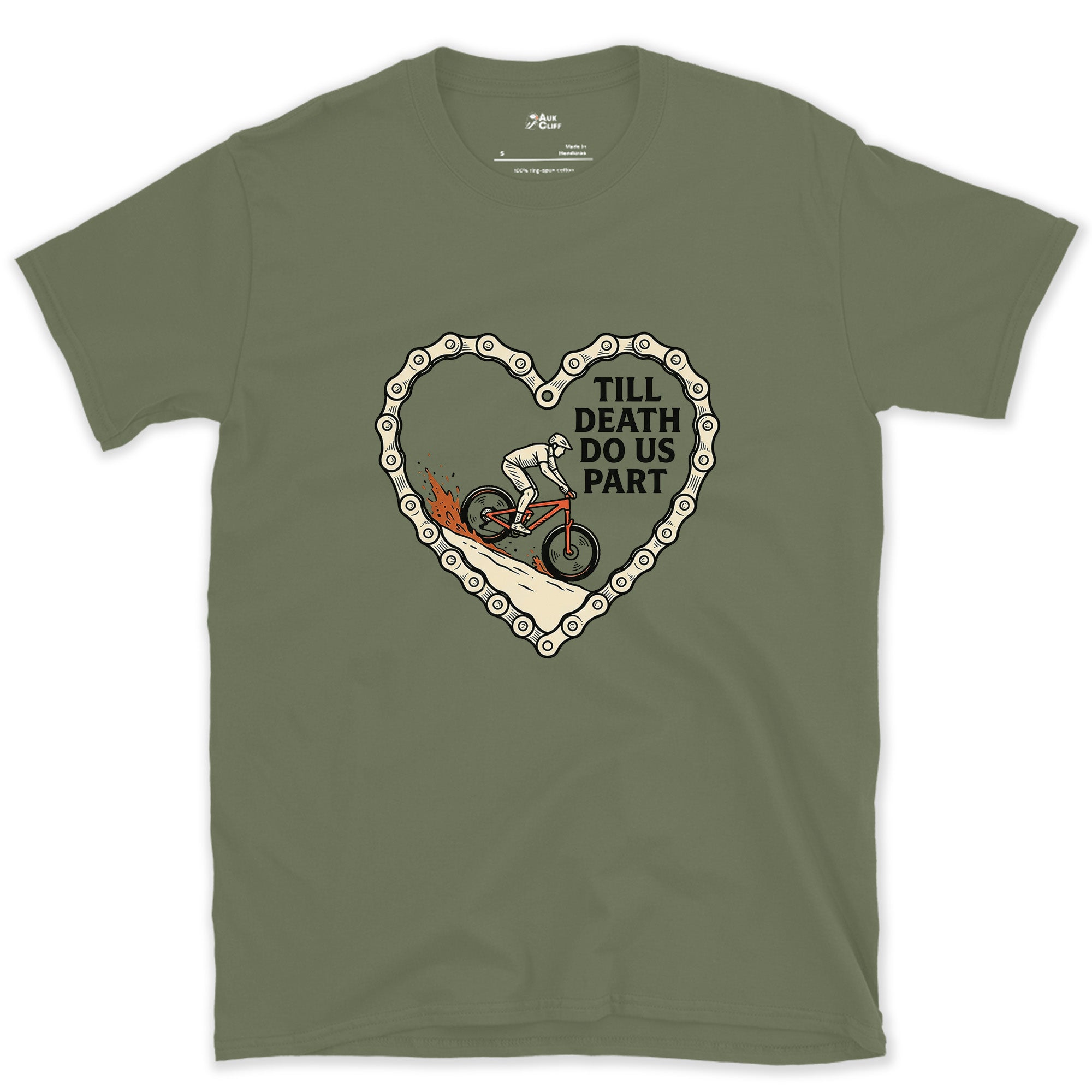 Till Death Do Us Part, Bike Chain Heart design on a Military Green Gildan Softstyle t-shirt