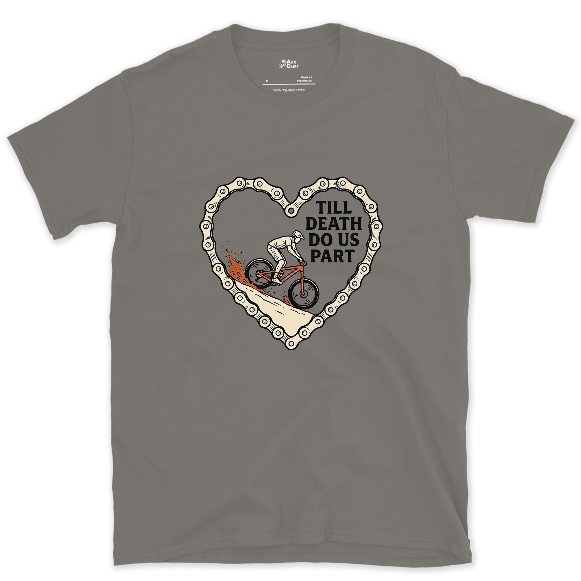 Till Death Do Us Part, Bike Chain Heart design on a Charcoal Gildan Softstyle t-shirt