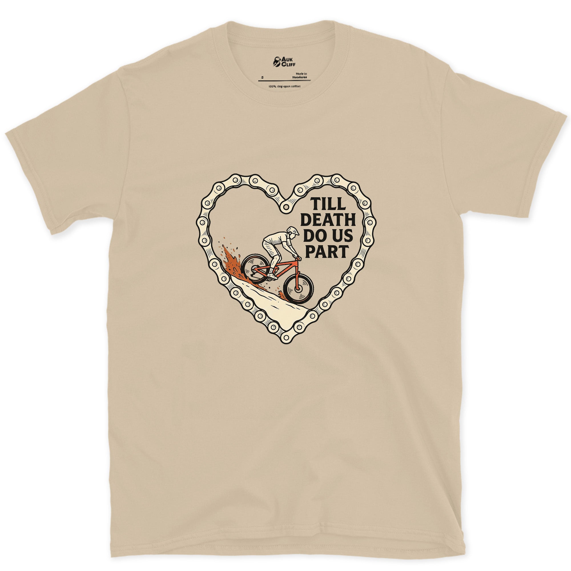 Till Death Do Us Part, Bike Chain Heart design on a Sand Gildan Softstyle t-shirt
