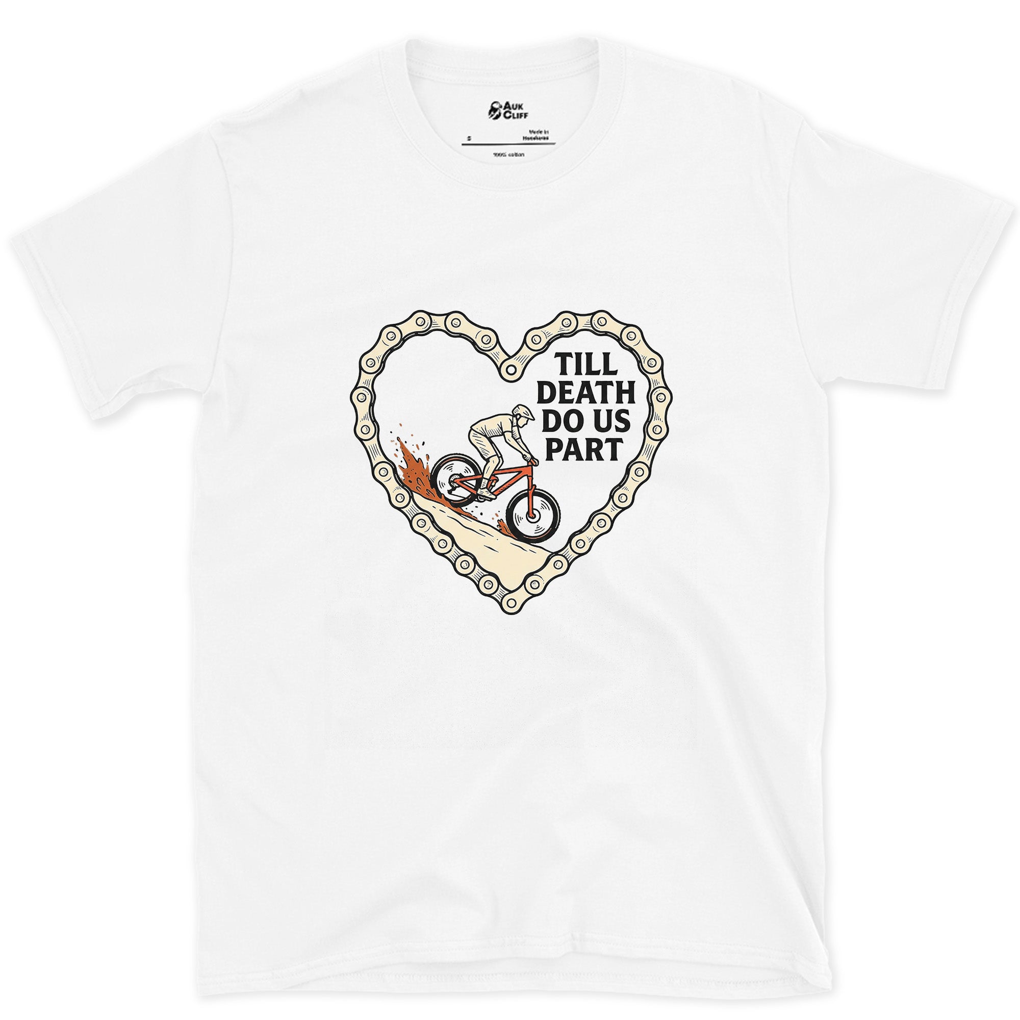 Till Death Do Us Part, Bike Chain Heart design on a White Gildan Softstyle t-shirt