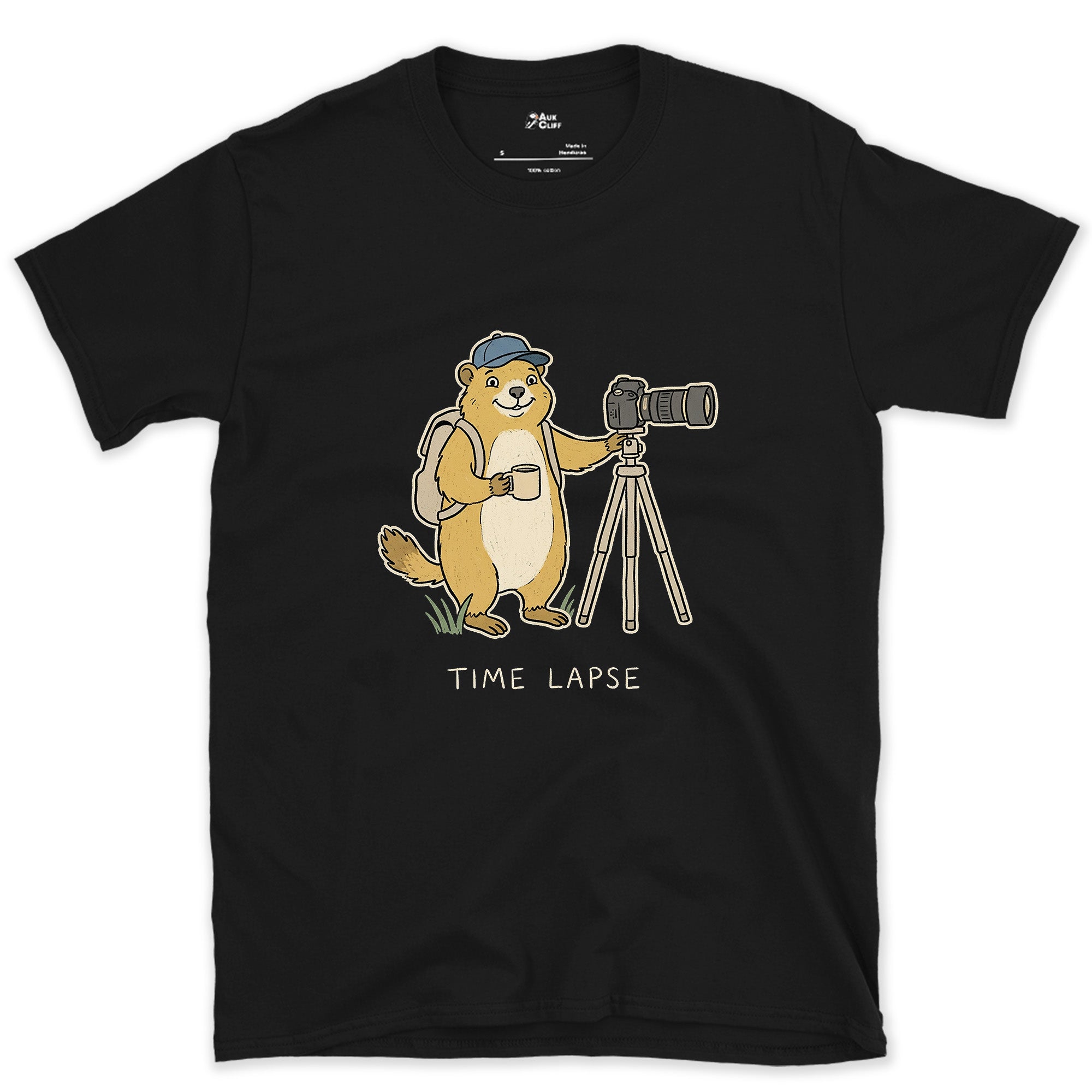 Long Game, Marmot With a Tripod and Mug design on a Black Gildan Softstyle t-shirt