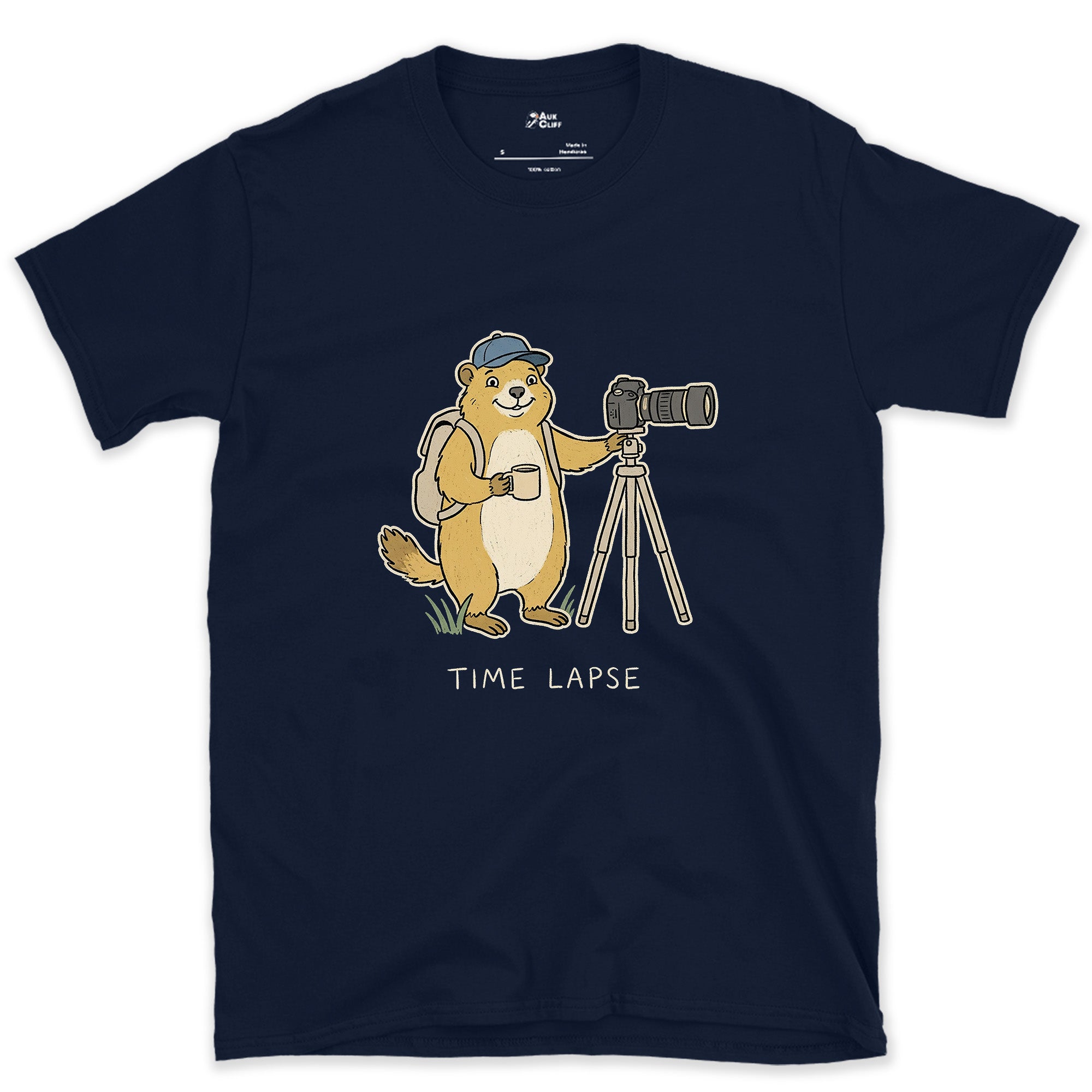 Long Game, Marmot With a Tripod and Mug design on a Navy Gildan Softstyle t-shirt