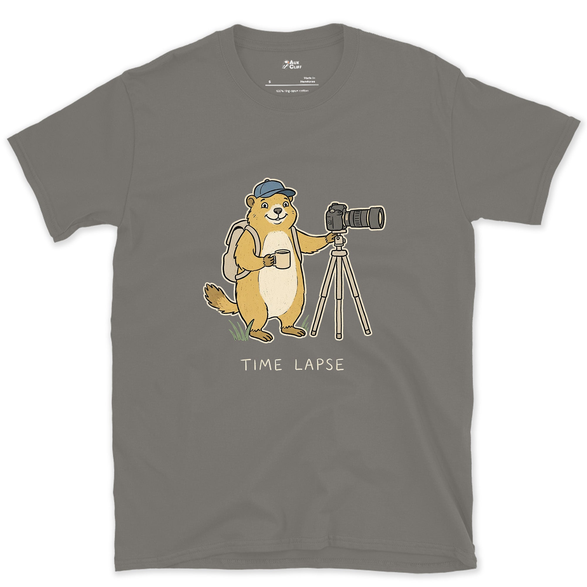 Long Game, Marmot With a Tripod and Mug design on a Charcoal Gildan Softstyle t-shirt