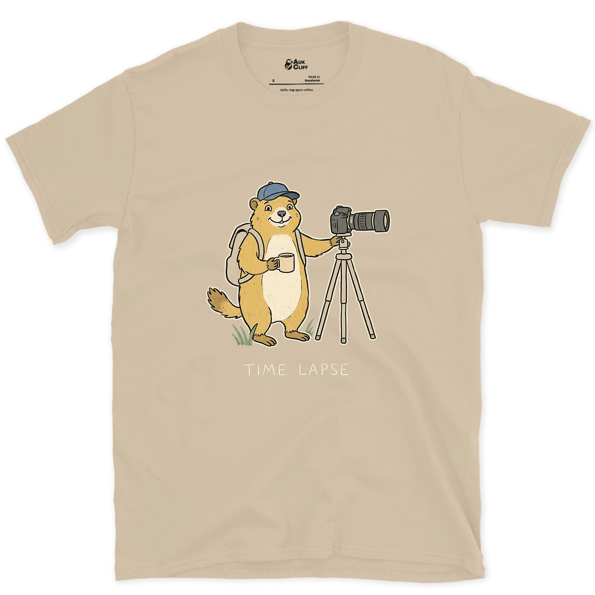 Long Game, Marmot With a Tripod and Mug design on a Sand Gildan Softstyle t-shirt