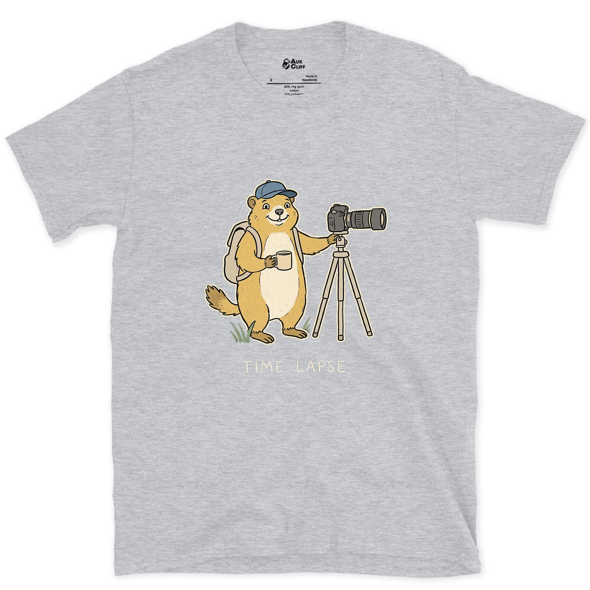 Long Game, Marmot With a Tripod and Mug design on a Sport Grey Gildan Softstyle t-shirt