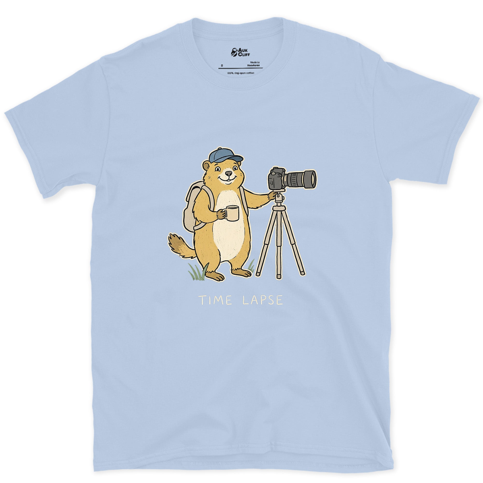 Long Game, Marmot With a Tripod and Mug design on a Light Blue Gildan Softstyle t-shirt
